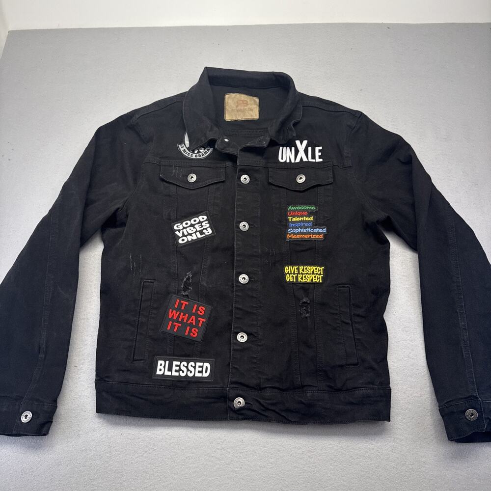 Royal Blue Mens L Black Denim Trucker Jacket Patched Distressed Streetwear